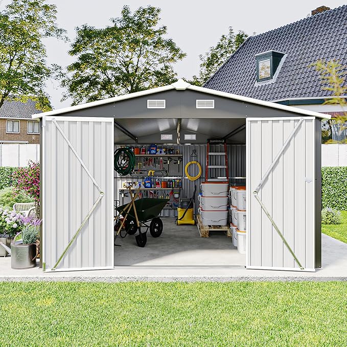 10 x 14 FT Outdoor Storage Shed, Metal Garden Tool Shed with Slooping Roof, Lockable Doors, All-Weather Bike Shed Easy to Assemble for Backyard, Patio, Lawn, Black+Grey