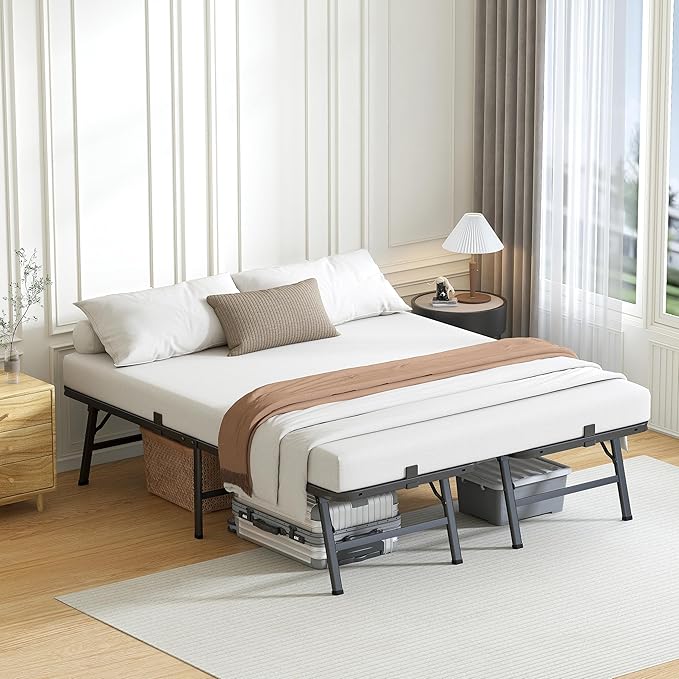 14 Inch Queen Metal Bed Frame Folding Bed Frame Tool-Free Assembly Mattress Foundation No Box Spring Needed Platform 2500lbs Heavy Duty Steel Slats, Noise-Free, Easy Assembly, Black