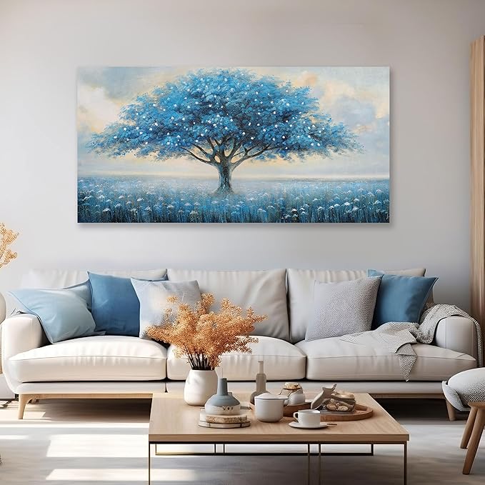 Glvzygy Blue Tree of Life Wall Art Abstract Modern Artwork Canvas Painting Textured Tree Pictures Wall Decor Home Decor Wall Ready to Hang for Bedroom Living Room Size 20"x40"
