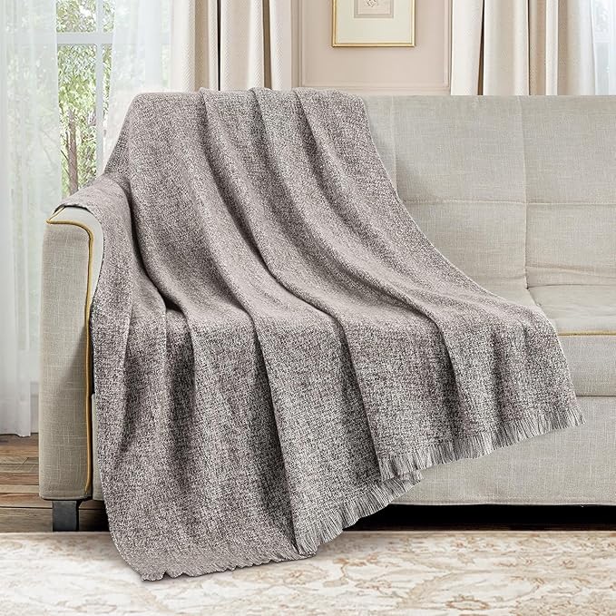 BOURINA Faux Cashmere Fringe Throw Blanket Decorative Lightweight Throw Soft Cozy for Bed or Sofa Outdoor Blanket, 50x70 Inches Brown
