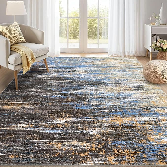 Washable Rug 9x12 Area Rug for Living Room, Non Slip Abstract Rug for Bedroom, Ultra Soft Area Rug, Low Pile Soft Contemporary Indoor Floor Carpet Cover, Blue/Brwon