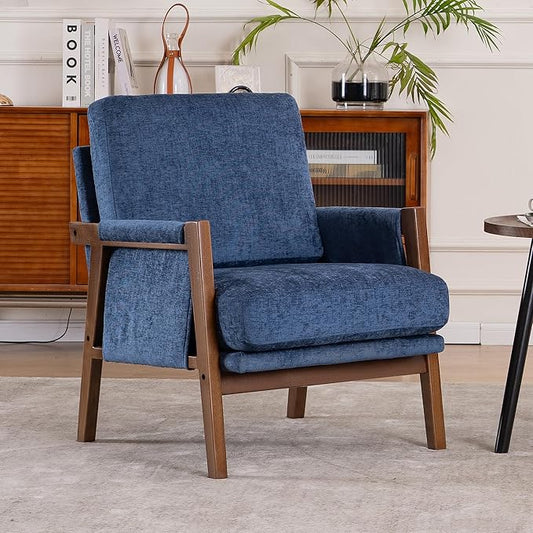 Mid Century Modern Accent Chair with Wood Frame, Upholstered Living Room Chairs with Wide Armrest, Chenille Fabric Lounge Reading Arm Chair for Bedroom, Reading Room, Balcony, Navy
