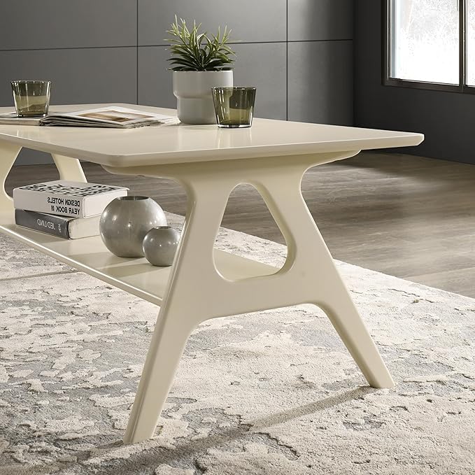 Roundhill Furniture Arona Mid-Century Modern Wood Shelf Coffee Table, Off-White Finish