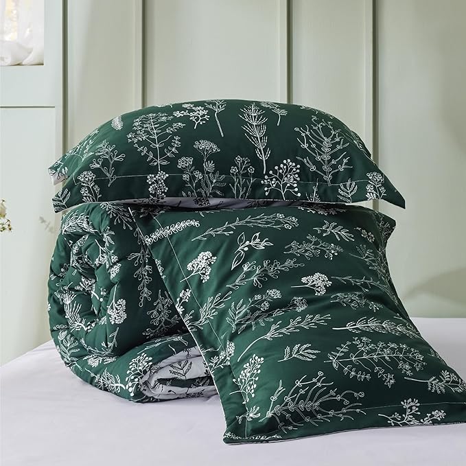 Bedsure Queen Comforter Set - Emerald Bed Set, 3 Pieces Cute Floral Bedding, 1 Soft Reversible Botanical Flowers Comforter and 2 Pillow Shams