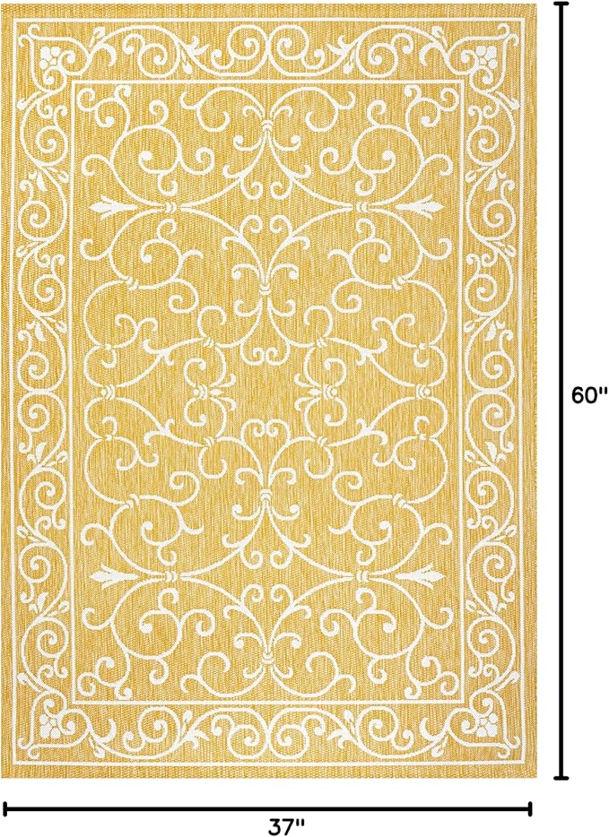 JONATHAN Y Vintage Filigree Indoor Outdoor Area Rug 3X5 Yellow/Cream, Charleston Textured Weave for Backyard, Patio, Porch, Easy-Cleaning, High Traffic, Pet-Friendly, Non-Shedding (SMB106L-3)