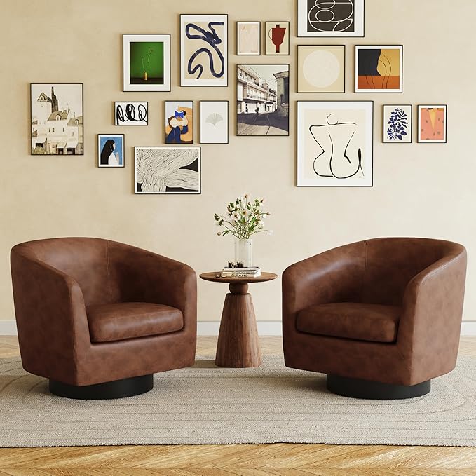 UIXE 360° Swivel Barrel Accent Chair Armchair, PU Leather Round Club Arm Chair for Lving Room, Modern Upholstered Small Bedroom Single Sofa Seat - Coffee Brown, Set of 2