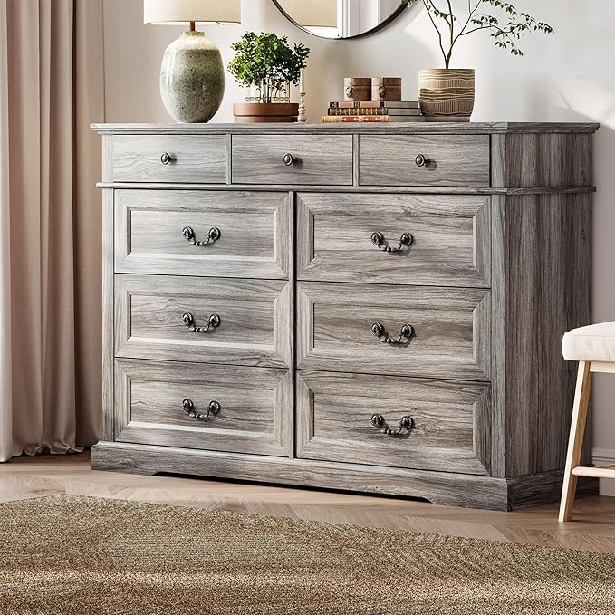 LINSY HOME Updated Dresser for Bedroom with 9 Drawers, Wide Chest of Drawers, Wooden Tall Bedroom Dresser, Storage Organizer for Closet, Living Room, Hallway, Grey