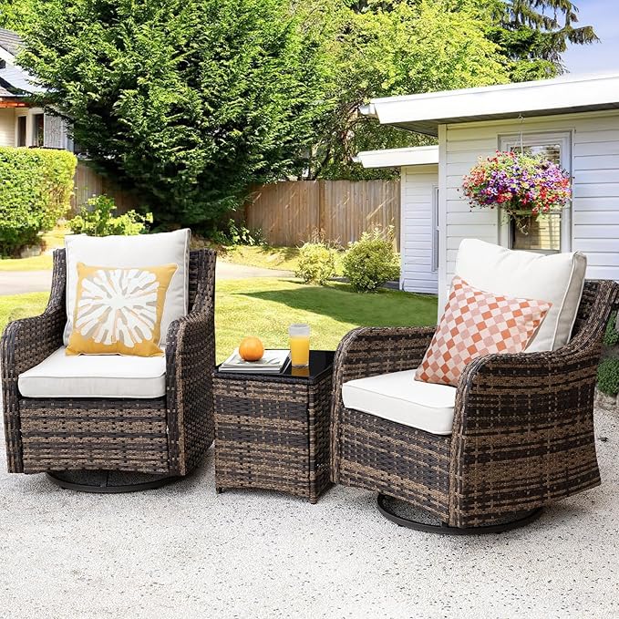 3 Pieces Patio Furniture Set with Swivel Chair, Outdoor Swivel Rocker with Washable Cushions & Tempered Glass Tabletop, Outdoor Rattan Conversation Set for Lawn Backyard Porch (Brown)