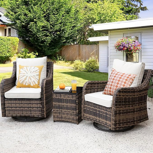 3 Pieces Patio Furniture Set with Swivel Chair, Outdoor Swivel Rocker with Washable Cushions & Tempered Glass Tabletop, Outdoor Rattan Conversation Set for Lawn Backyard Porch (Brown)