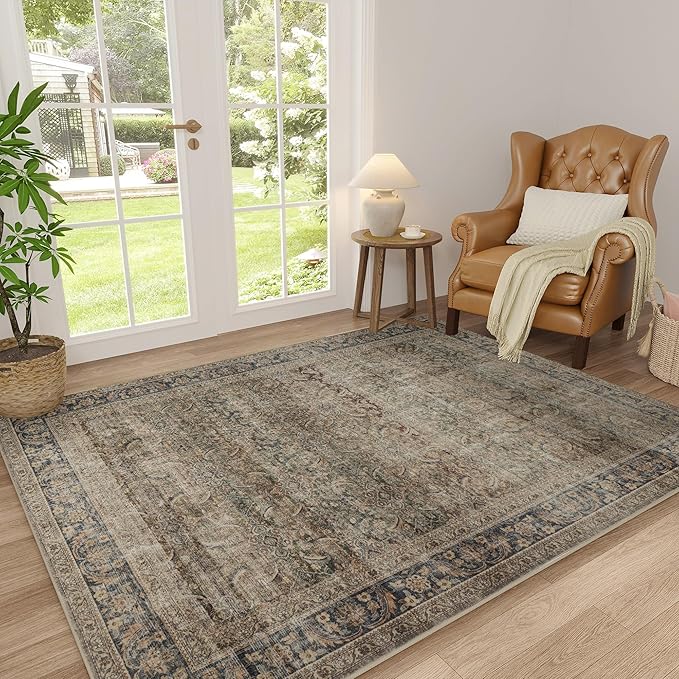FMFUNCTEX 4x6 Washable Area Rug Neutral Vintage Brown Distressed Non Slip Low Pile Retro Indoor Carpet for Entryway Living Room Bedroom Soft Mat Throw Rug for Dining Office Kitchen Entryway, Multi