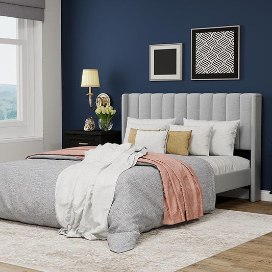 Upholstered Platform Queen Size Bed Frame with Headboard Wooden Slats Support No Noise Easy Assembly Light Grey Linen