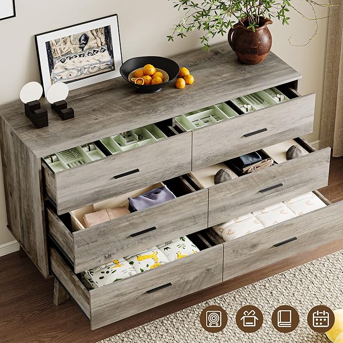 Dresser for Bedroom with 6-Drawer, 47.2" Modern Chest of Drawers with Metal Handles, X-Shape Base & Adjustable Center Leg, Anti-Tip Closet Organizers and Storage