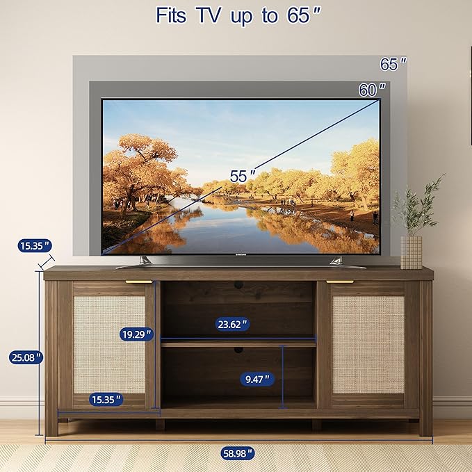 TV Stand for 65 inch TV, Modern Mid Century Entertainment Center with Storage, Media Consol with Natural wood rattan Door Cabinets and Open Shelves, Wooden, for Living Room, Bedroom, MLTV21RB