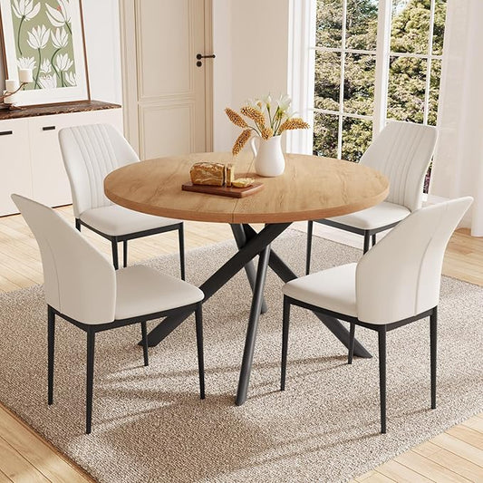 45.3 Inch Round Dining Table Set for 4, Mid Century Modern Small Kitchen Coffee Set for Dining Room Kitchen Apartment (Oak Table + 4 White Chairs)