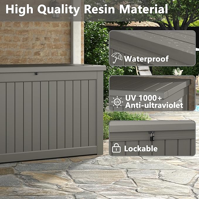 Outdoor Storage Box, 230 Gallon Deck Box, Waterproof and UV Resistant Large Resin Storage Bin, Organization and Storage for Patio Furniture, Outdoor Cushions, Garden Tools, Lockable