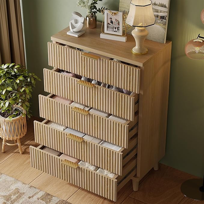 Lulive Dresser for Bedroom Wood Tall Dressers Drawers, Fluted Modern Dresser 5 Drawers Natural