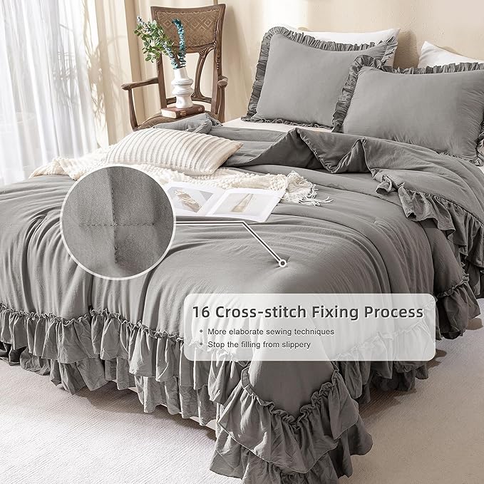 QSH Gray Ruffled Comforter Set King Size（106x92inches）, 3pcs Shabby Farmhouse Boho Chic Bedding Comforter Sets, Ultra Soft Lightweight Microfiber Inner Fill Grey Fluffy Vintage Comforter for Bed
