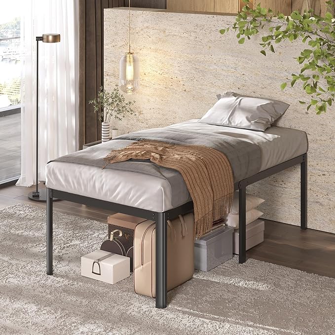 22 Inch High Twin Bed Frames with Rounded Corner Legs, Heavy Duty Metal Twin Platform Bed Frame with Steel Slats Support, No Box Spring Needed, Noise Free, Easy Assembly