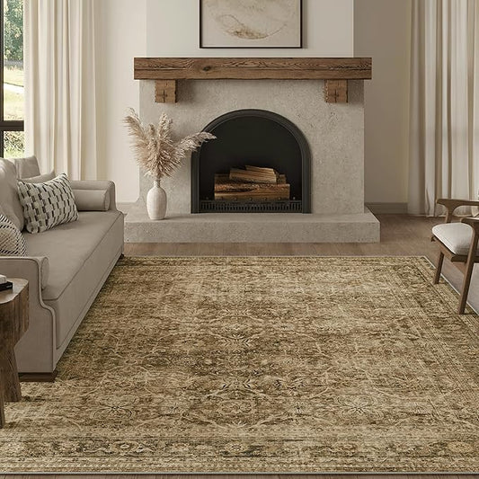 FMFUNCTEX 8x10 Washable Area Rug Brown Vintage Neutral Distressed Large Non Slip Carpet for Living Room Bedroom Soft Low Pile Indoor Mat Retro Floral Throw Rug for Dining Room Kitchen Office Nursery