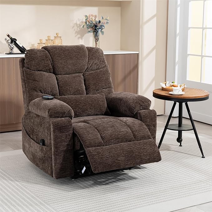 Oversized Lay Flat Power Lift Recliner Chair with Heat and Massage for Elderly, Infinite Position Heavy Duty Dual Motor Lift Chair 400 lbs with Cup Holder & Wireless Phone Charger