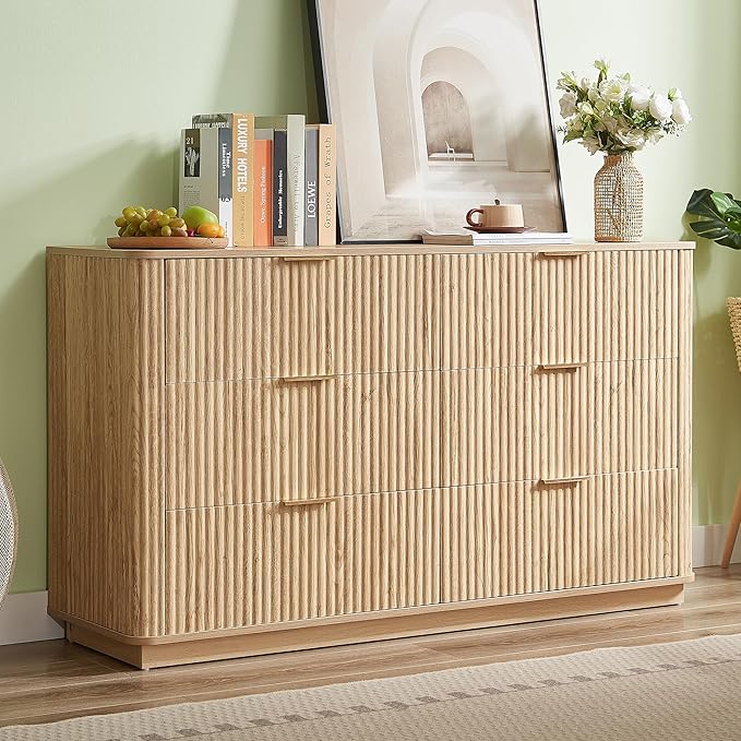 VMU Fluted Dresser for Bedroom with 6 Drawers，55" Modern Wooden Chest of Drawers with Metal Handles, TV Stand with Curved Profile, Closet Clothes Storage Organizer for Living Room, Hallway (Oak)