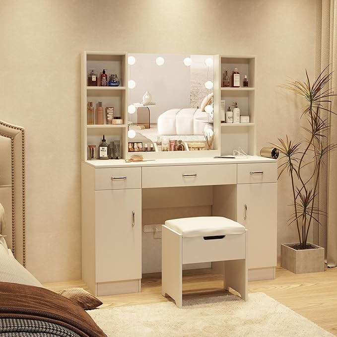 Makeup Vanity Table with Lighted Mirror & Outlets, Large Vanity Set Vanity Desk with Lots Storage, 3 Lighting Modes, Brightness Adjustable, 45inch