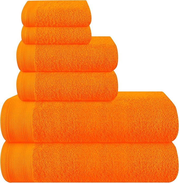 Ultra Soft 6 Pack Cotton Towel Set, Contains 2 Bath Towels 28x55 inch, 2 Hand Towels 16x24 inch & 2 Wash Coths 12x12 inch, Ideal Everyday use, Compact & Lightweight - Orange