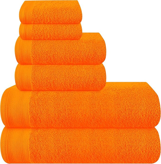 Ultra Soft 6 Pack Cotton Towel Set, Contains 2 Bath Towels 28x55 inch, 2 Hand Towels 16x24 inch & 2 Wash Coths 12x12 inch, Ideal Everyday use, Compact & Lightweight - Orange