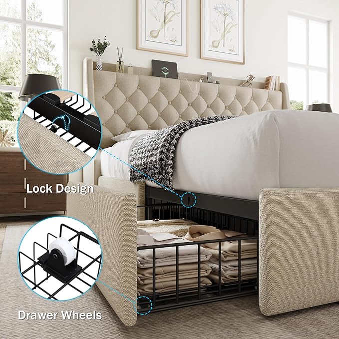 King Size Bed Frame with 4 Storage Drawers, Giant Upholstered Wingback Headboard, Fast Charging Station, No Box Spring Needed, Noise-Free, Beige