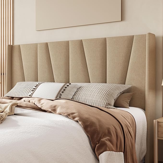 Allewie King Size Platform Bed Frame with Geometric Wingback Headboard, Modern Upholstered Bed with Wooden Slats Support, No Box Spring Needed, Easy Assembly, Beige