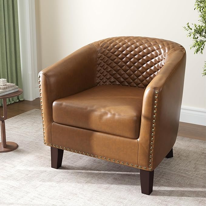 Accent Barrel Chair, Upholstered Faux Leather Club Chair with Nailed Trim, Comfy Reading Armchair for Living Room Bedroom Reception Room Office (Coffee, Set of 2)