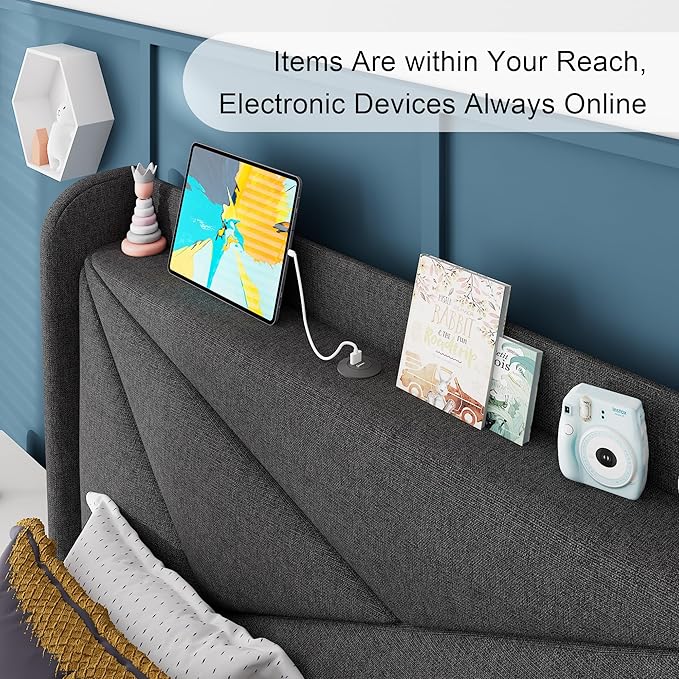 Feonase Twin Size Bed Frame with Charging Station, Upholstered Linen Platform Bed Frame with Wingback Headboard, Solid Wood Slats Support, No Box Spring Needed, Noise Free, Charcoal Grey