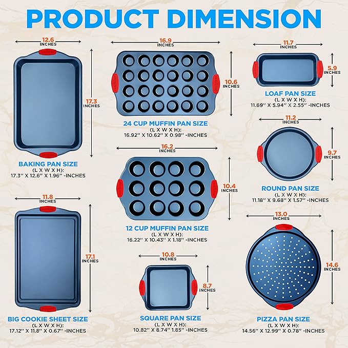 NutriChef 10-Piece Nonstick Bakeware Set - Deluxe Carbon Steel with Blue Silicone Coating, Red Handles, Professional Grade Kitchen Essentials, Ideal for Baking Cakes, Cookies, and More (Blue)