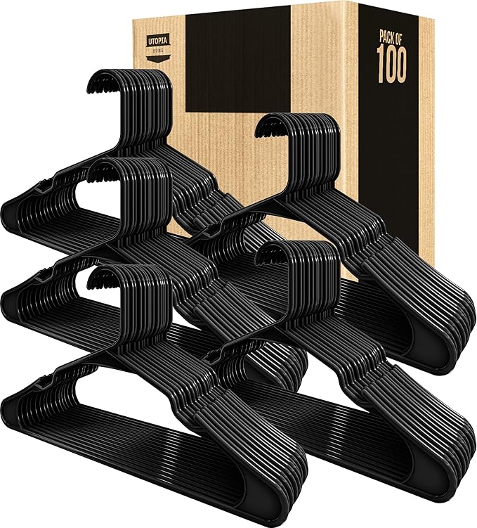 Utopia Home Plastic Hangers 100 Pack - Perfect Space Saving Clothes Hanger - Durable and Strong - Perfect Closet Organizers with Shoulder Grooves (Black)