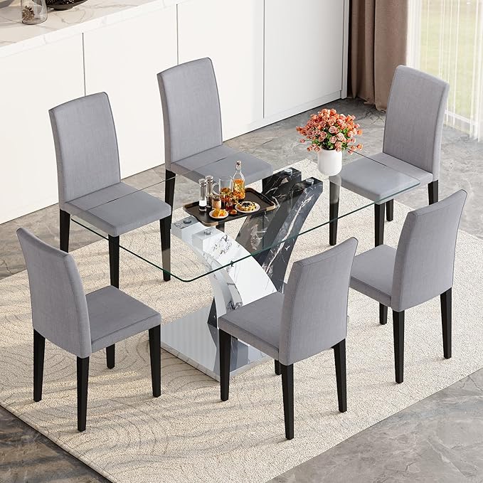 Glass Dining Table Set for 6, 63” Kitchen Table Set for 6, Modern Dining Room Table Set with Upholstered Chairs, Tempered Glass Tabletop with Y Shape Base