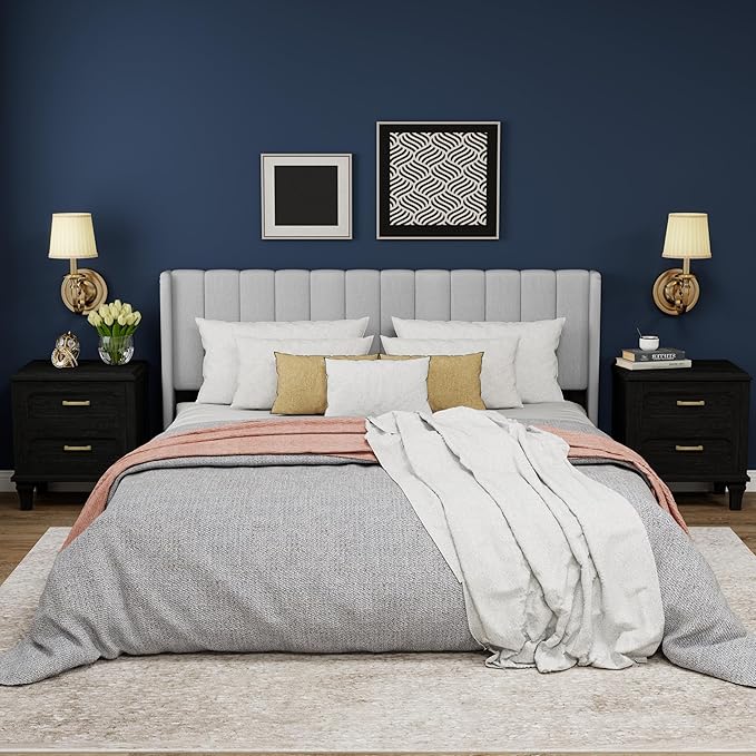 Upholstered Platform King Size Bed Frame with Headboard Wooden Slats Support No Noise Easy Assembly Light Grey Linen