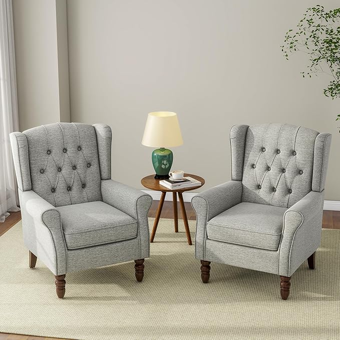 Accent Chair, Upholstered Armchair with Button Tufted High Back & Solid Wood Legs, Comfy Wingback Reading Single Sofa Chair for Small Spaces, Living Room, Bedroom (Light Grey, Set of 2)