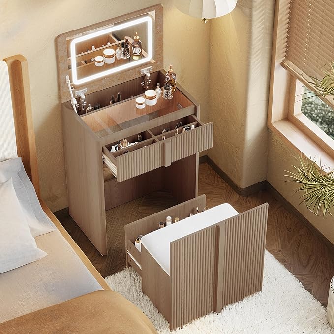 24" Vanity with Chair, Makeup Vanity Desk with Lights and Flip Top Mirror, Natural Oak