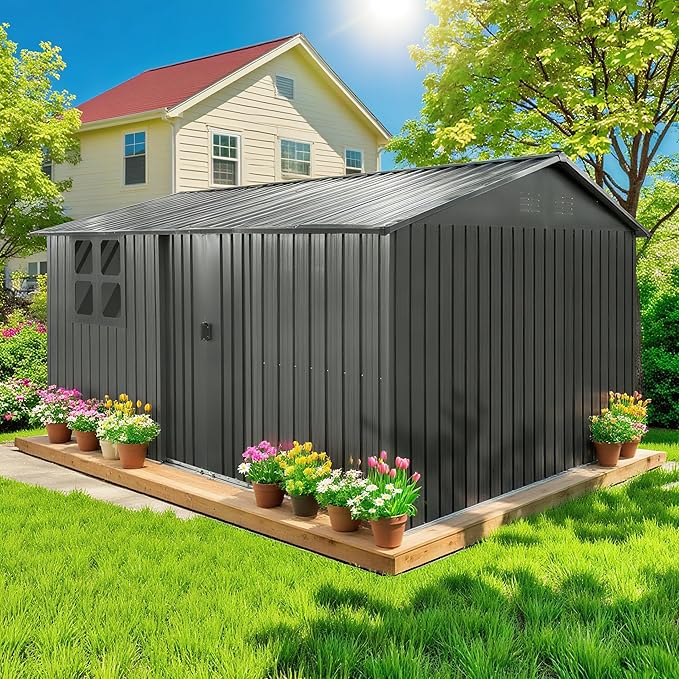 12 x 10 FT Outdoor Storage Shed, Metal Garden Tool Shed with Slooping Roof, Lockable Doors, All-Weather Bike Shed Easy to Assemble for Backyard, Patio, Lawn, Black