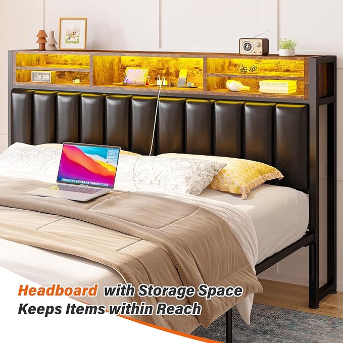 EnHomee King Headboard with Charging Port, King Headboard Only with LED Light, with Storage Shelf, King Size Headboard Only Upholstered for Bedroom
