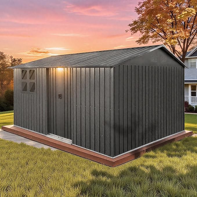 12 x 10 FT Outdoor Storage Shed, Metal Garden Tool Shed with Slooping Roof, Lockable Doors, All-Weather Bike Shed Easy to Assemble for Backyard, Patio, Lawn, Black