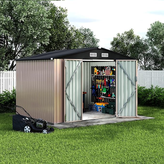 8x10 FT Metal Storage Sheds Outdoor, Metal Yard Sheds Garden Shed Kit, Tool Shed with Lockable Door, Utility Sheds Buildings with Air Vent for Backyard Garden Patio Lawn