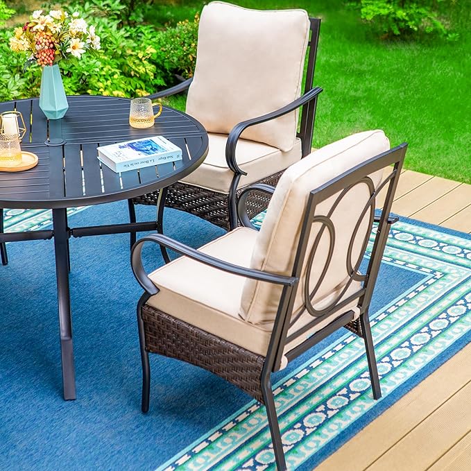 PHI VILLA Outdoor Dining Set of 4, Heavy Duty Outdoor Metal Wicker Dining Chair with Thick Cushions, Large All Weather Wrought Iron Deck Chair for Outisde, Porch Backyard, Support 300lbs