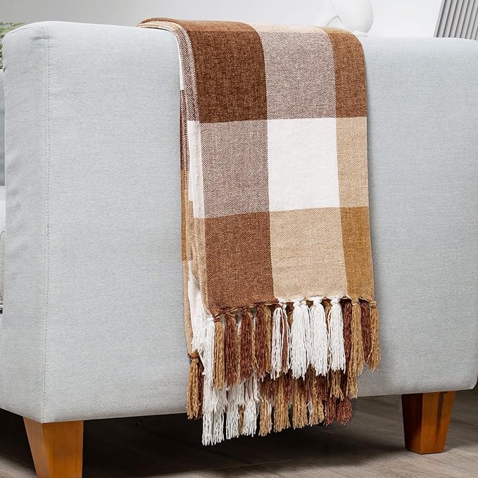 RECYCO Buffalo Paid Chenille Throw Blanket for Couch, Soft Cozy Decorative Buffalo Check Blanket Throw with Tassels for Bed Sofa, Lightweight Chenille Knitted Throw, Plaid Brown Off White, 50'' x 60''