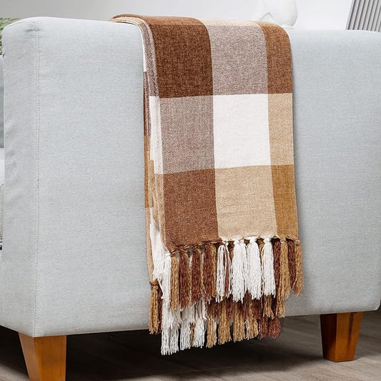 RECYCO Buffalo Paid Chenille Throw Blanket for Couch, Soft Cozy Decorative Buffalo Check Blanket Throw with Tassels for Bed Sofa, Lightweight Chenille Knitted Throw, Plaid Brown Off White, 50'' x 60''