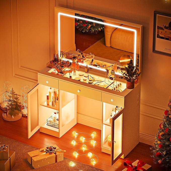 Pamapic Makeup Vanity with Crystal Knobs, Glass Top Vanity Desk with Mirror and Lights, Power Outlet, Drawers and Cabinet, 3 Lighting Color Adjustable Dressing Table, Upgraded Silent Slides, White