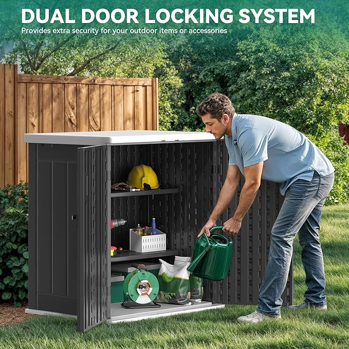 YITAHOME Outdoor Storage Cabinet with 2 Shelves, Waterproof Resin Horizontal Tool Shed, Lockable 15 cu. ft. Storage Shed for Patio, Garden, Yard, Dark Gray