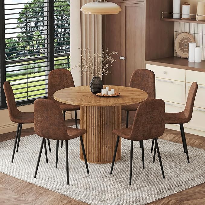AZmac Round Dining Table Set for 6, Wooden Round Table 7-Piece with Modern Farmhouse Dining Table and 6 Suede Leather Chairs for Kitchen Dining Room, Wooden Table + 6 Brown Chairs