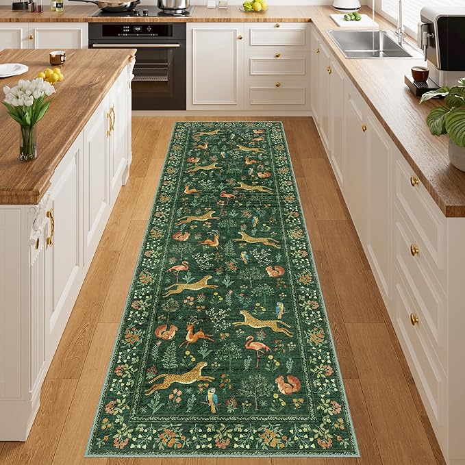DUKINO 2x10 Rug for Hallway, Washable Kitchen Runner Rug with Non Slip Backing, Soft Low Pile Vintage Animal Runner for Bedroom, Kitchen, Hallway, Entryway, Laundry, Green