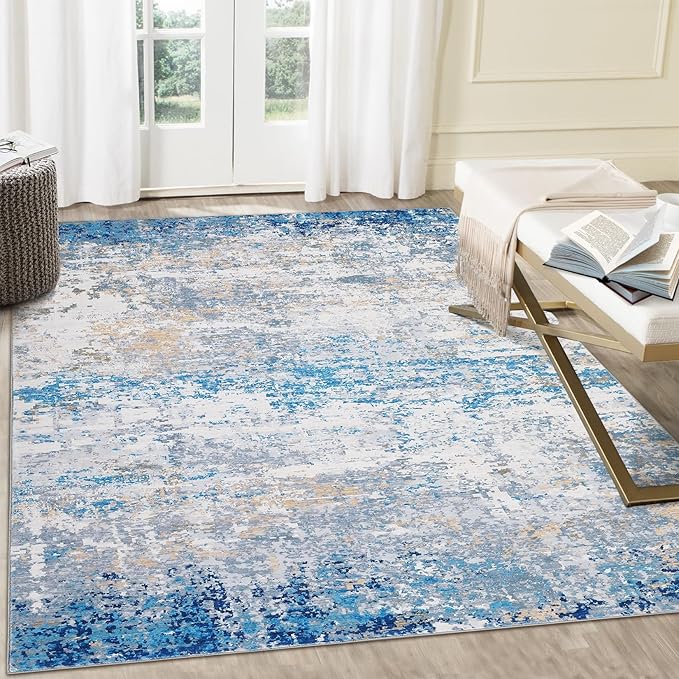 9x12 Modern Abstract Accent Rug Non Slip Stain Resistant Throw Rug Low Pile Machine Washable Indoor Floor Cover for Bedroom Living Room Office Home Decor, Blue/Grey